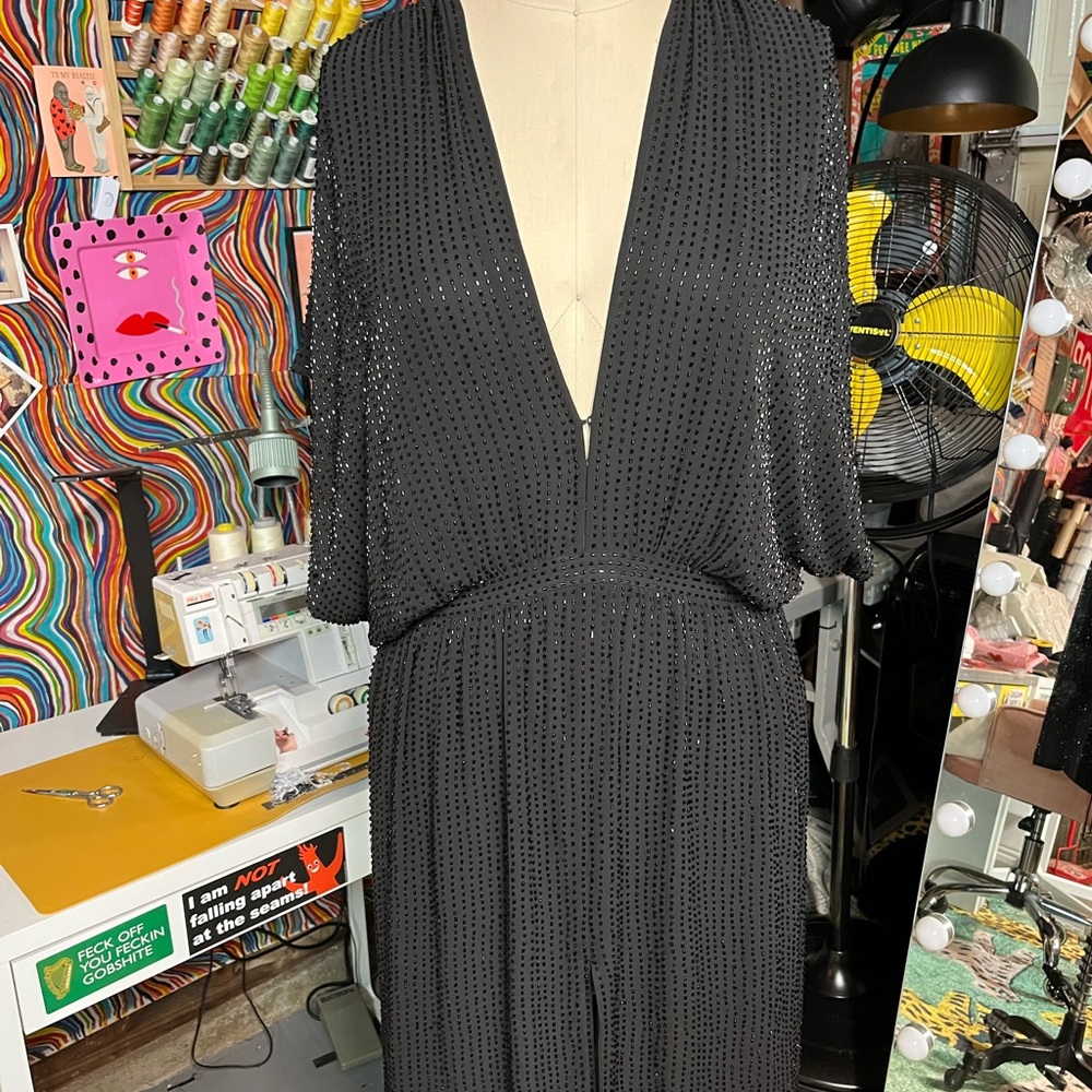 Jimmy Choo and H&M collab black beaded v neck drapery dress